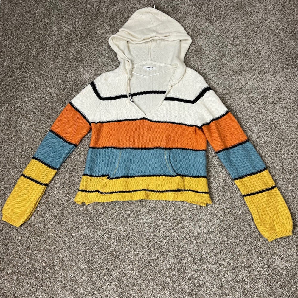 O'Neill Womens Striped Knit Hoodie Sweater V-Neck Multi-Color Small